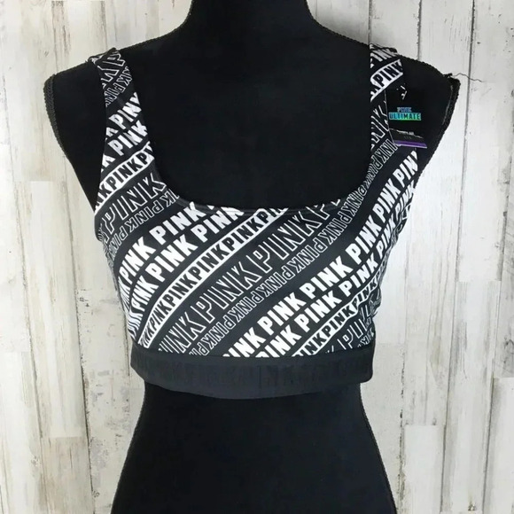 VS Pink Ultimate Logo Sports Bra Black White NWT - Picture 1 of 5